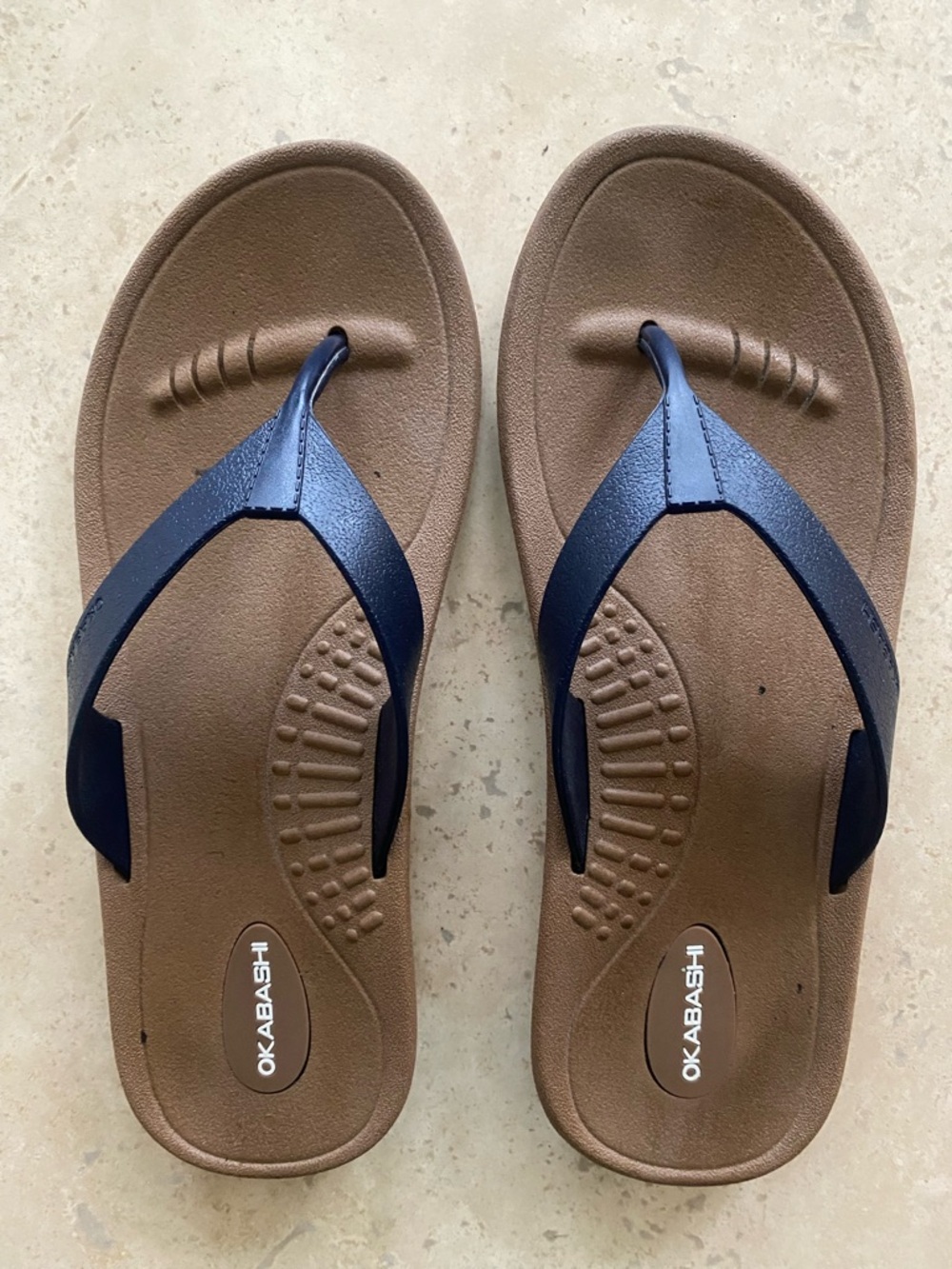 Okabashi Navy Blue Flip Flops with brown footbed